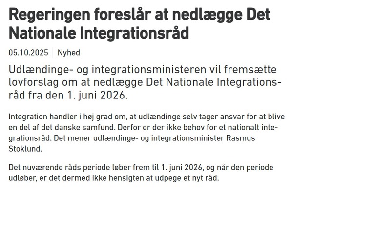 Rådets formand udtaler sig i forbindelse med den foreslåede lukning af Det Nationale Integrationsråd